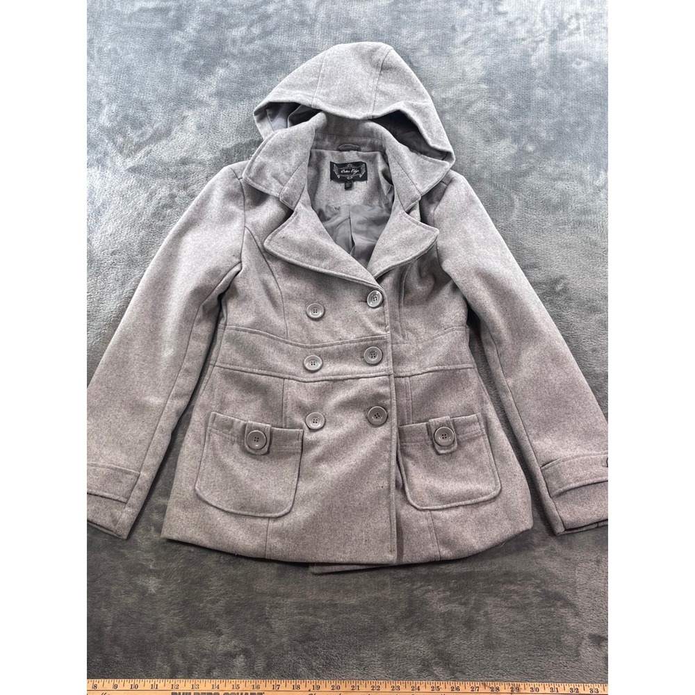 Outer Edge Womens Grey Double Breasted Hooded Pea Coat Jacket Small RN57686